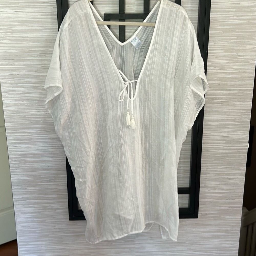 kona Sol white gauze semi sheer swimwear cover-up dress with tassel bathing suit